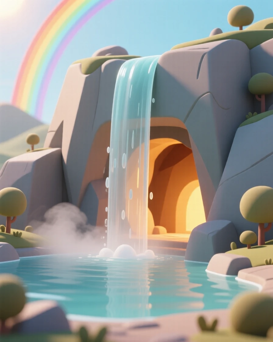 A hidden waterfall reveals a glowing cave entrance, mist catching rainbow light in the afternoon sun.