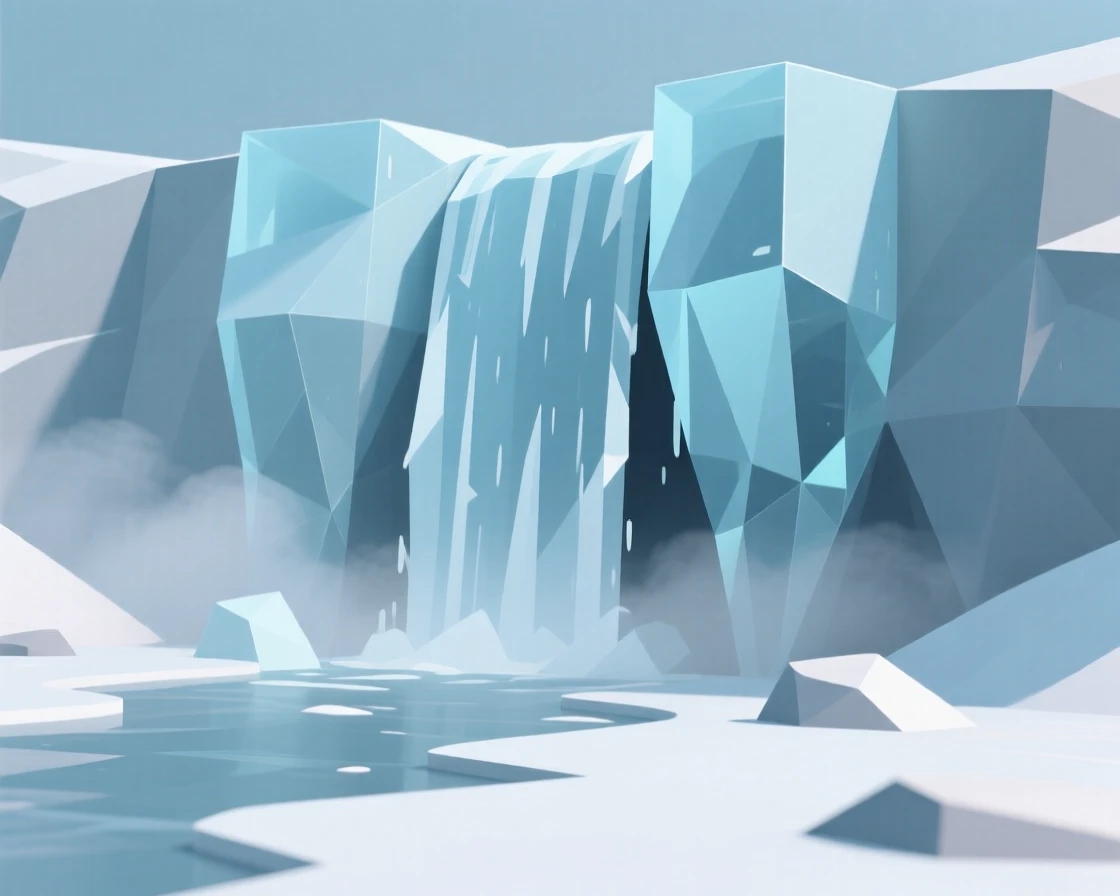 A frozen waterfall encased in ice, with mist rolling gently across the ground. the composition uses a wide, sweeping perspective. There is a quiet, meditative stillness.