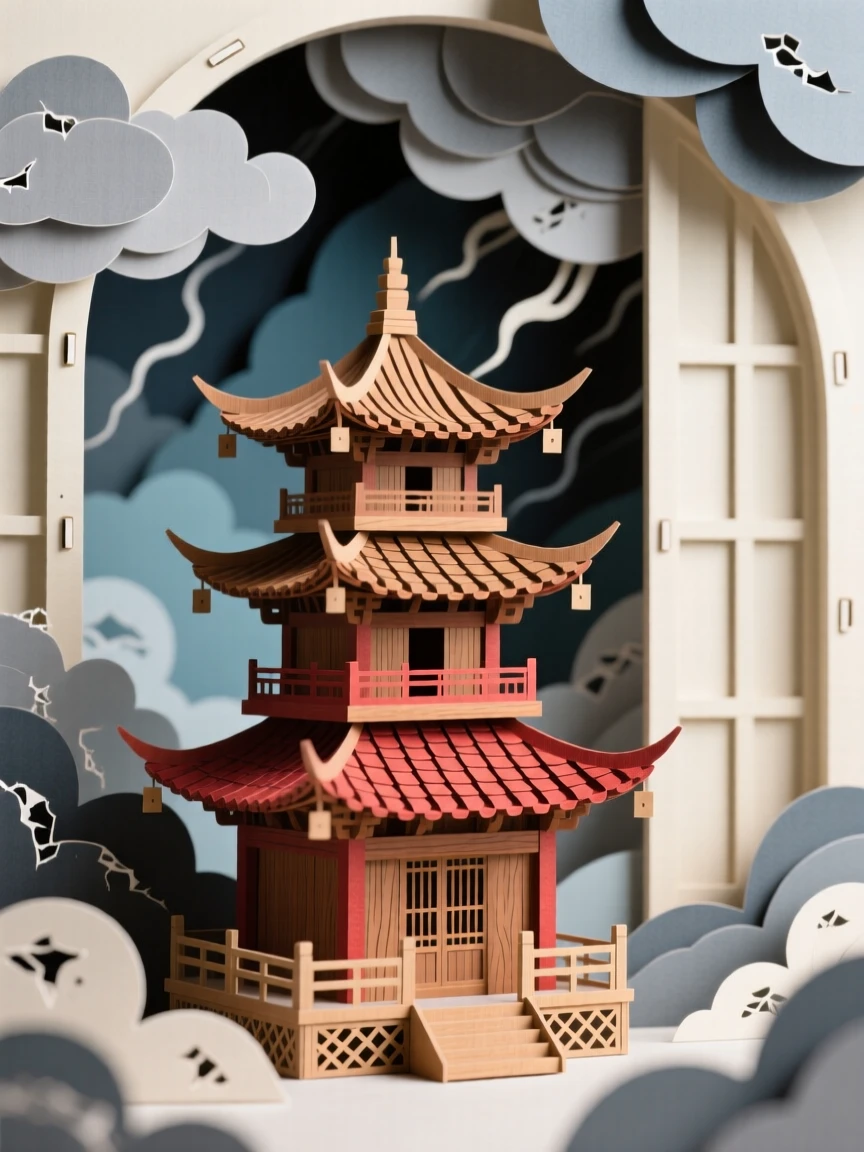 A traditional wooden pagoda framed by dramatic storm clouds, with tall arched windows framing the view, capturing refined elegance and history.