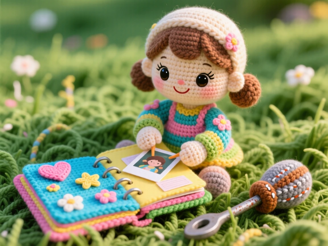 a little girl doing a scrapbook project, with photos and colorful paper, is captured gluing a small memory into place in a grassy field perfect for outdoor play beside a favorite well-worn tool resting close by, showing cheerful curiosity and hands-on delight.