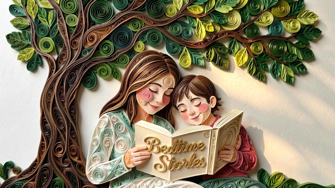 a mother reading a bedtime story to her sleepy child, beneath the shade of a large oak tree, captured in a tender, intimate close-up moment, with gentle sunlight highlighting joyful smiles.