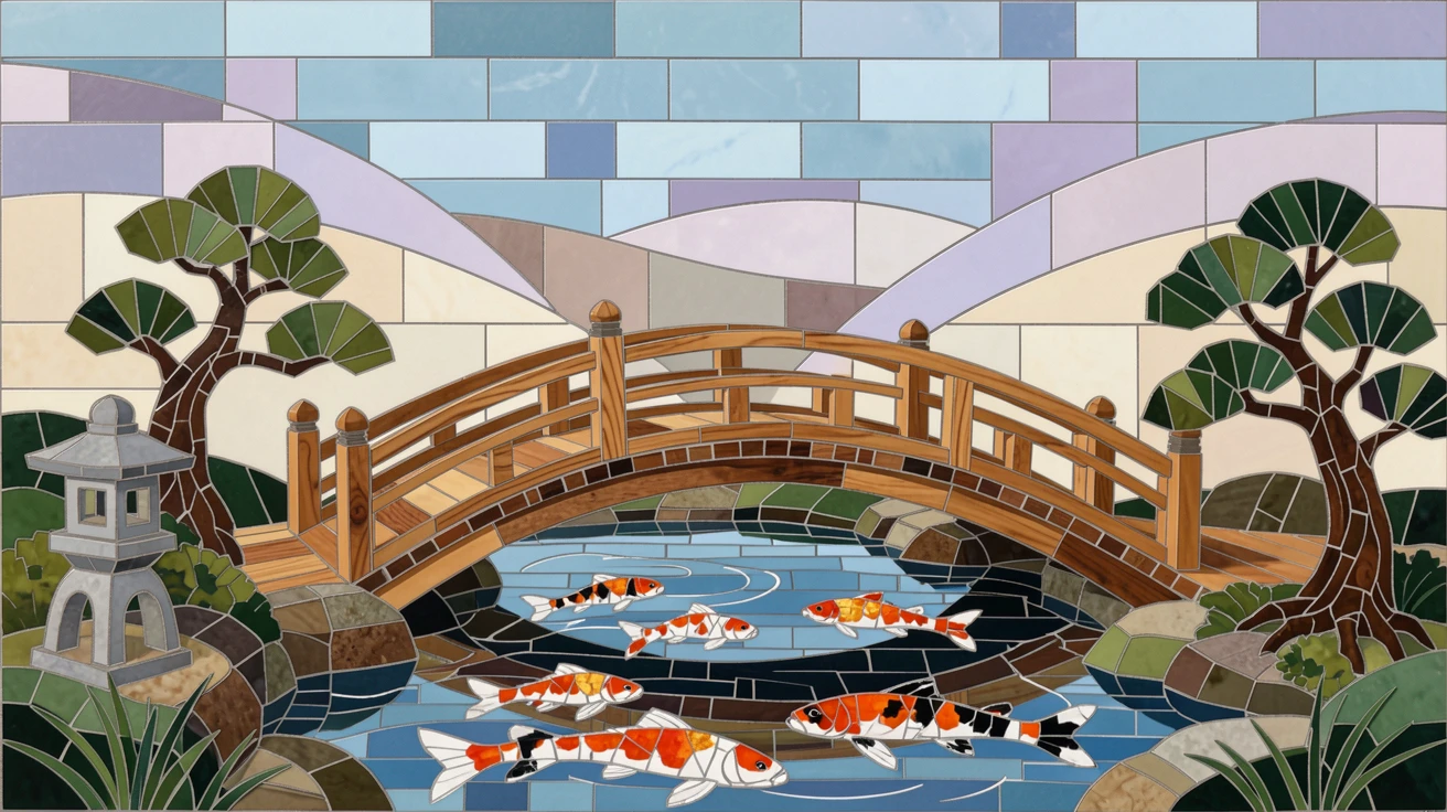 A serene Japanese garden with a curved wooden bridge over a koi pond.