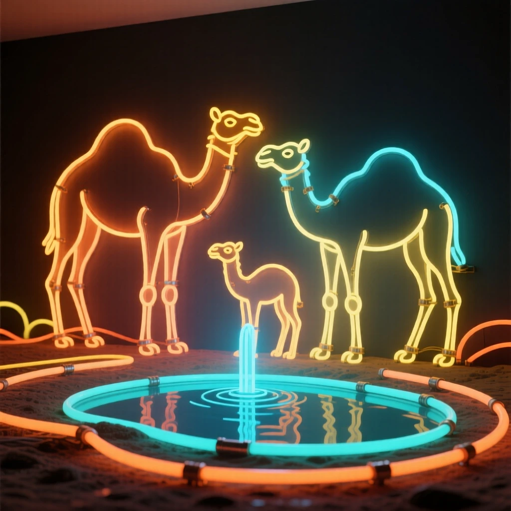 A family group of camels gathered near a watering hole.