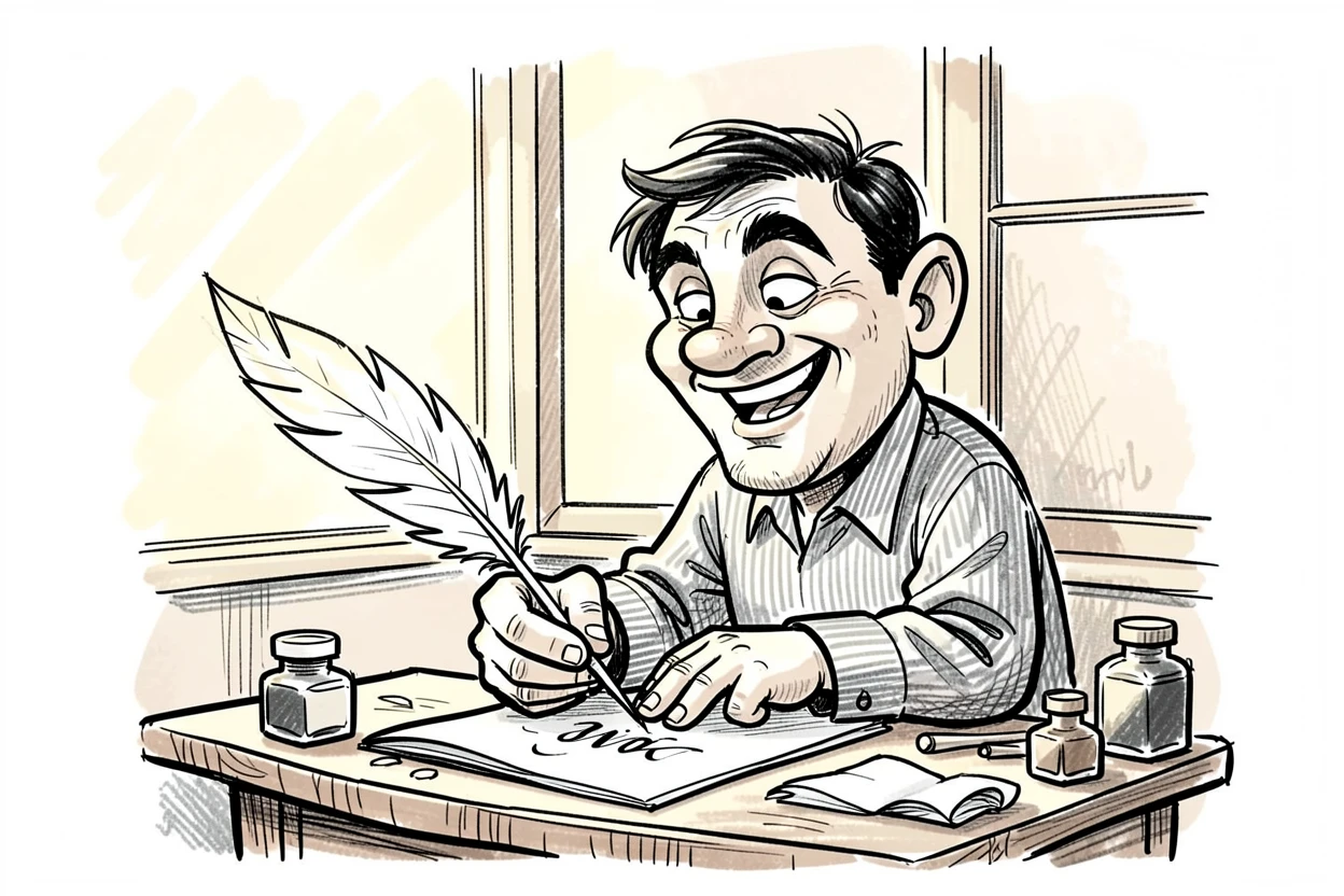 A calligrapher writing with a feather pen beside a window with soft afternoon light.