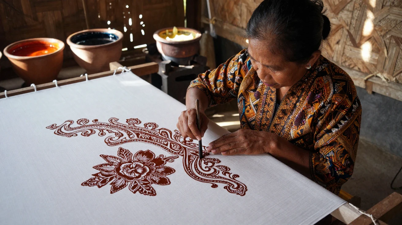 An Indonesian batik artisan applying wax-resist dye patterns