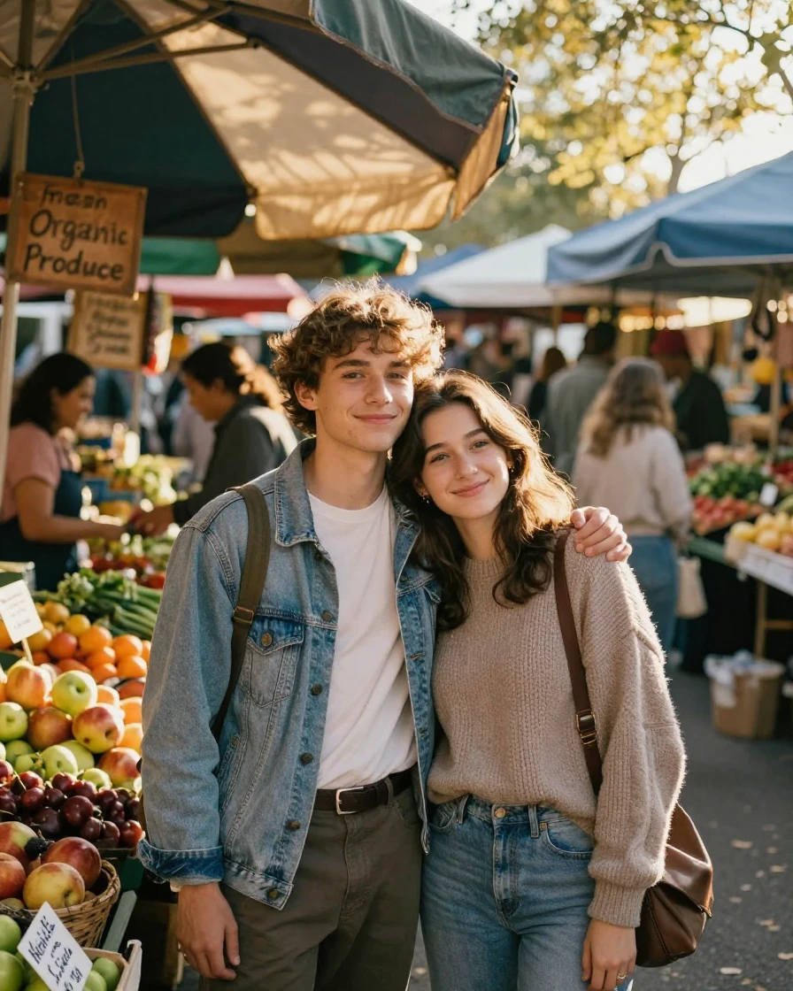 Best friends leaning on each other's shoulders in a bustling open-air market, content and unhurried