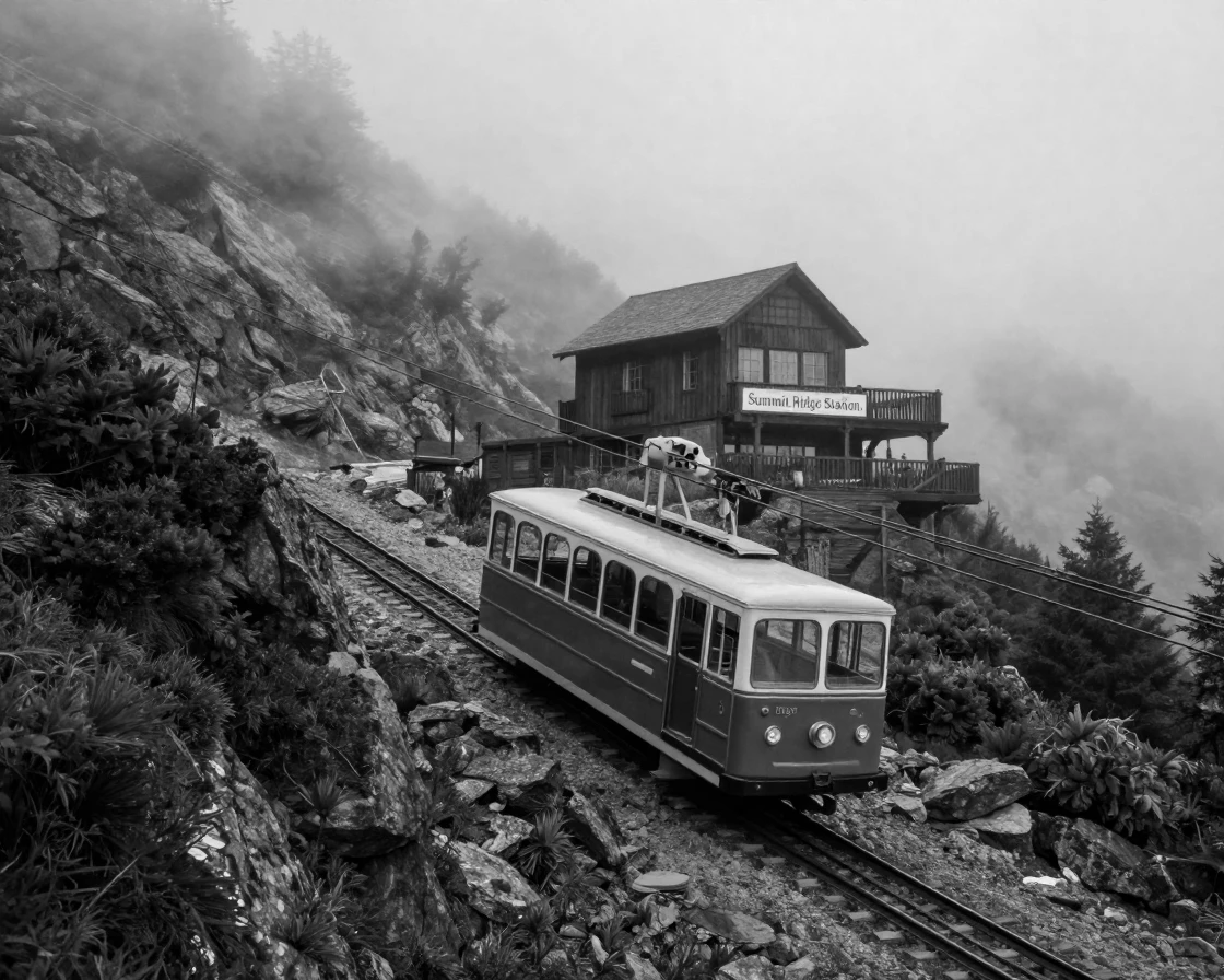 A cable car climbs steeply up a mountainside toward a misty mountain station.