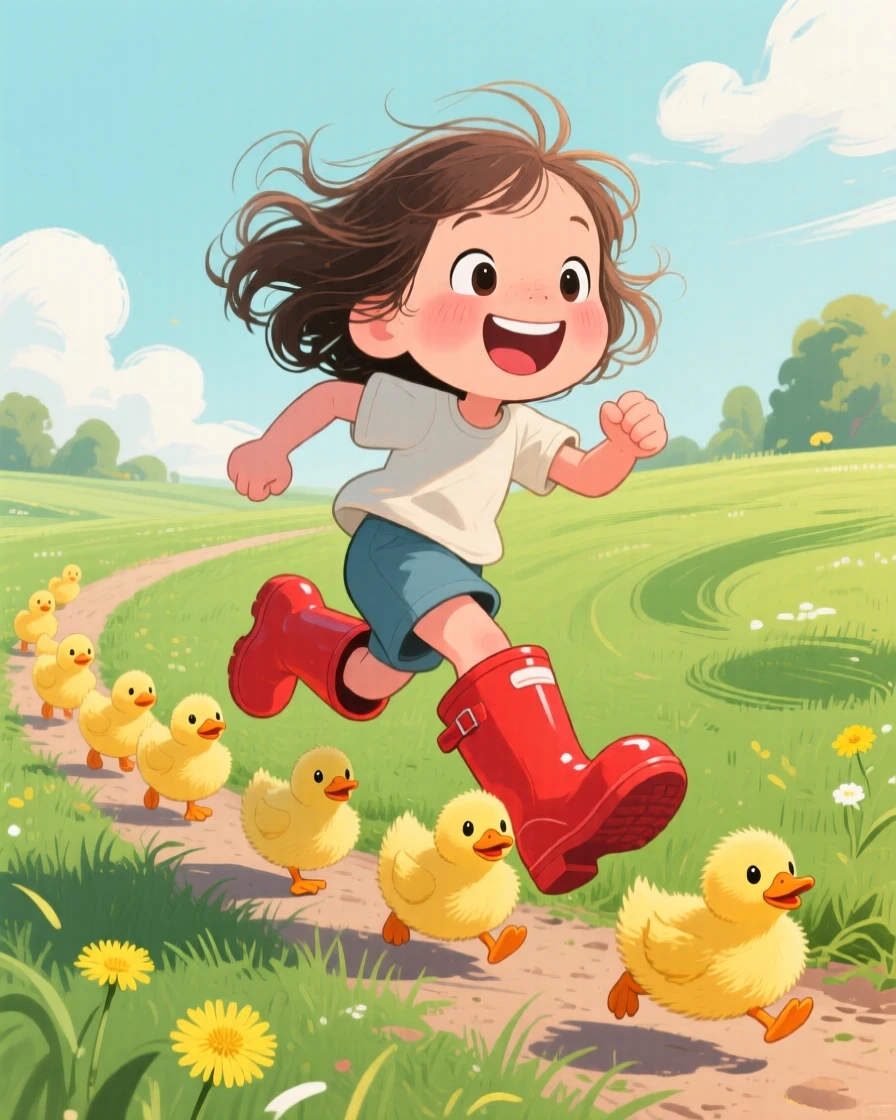 A little girl in rain boots chasing ducklings across a grassy park.
