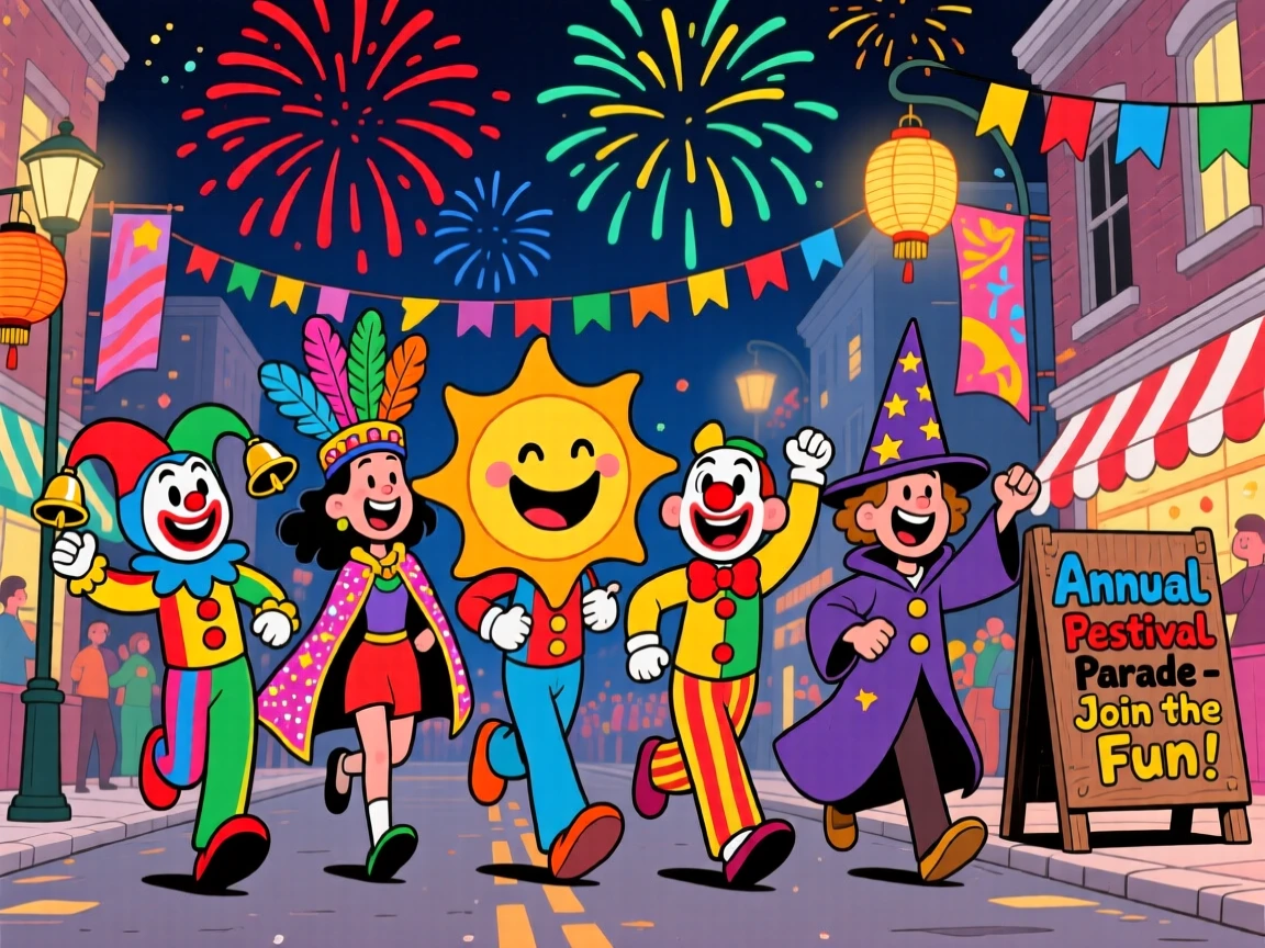 A festive celebration scene of a group of friends parading through the streets in festive costumes, under a sky full of fireworks.