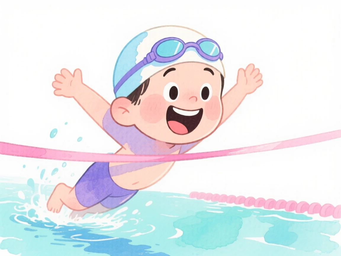 A swimmer diving into a pool crossing the finish line with a joyful smile