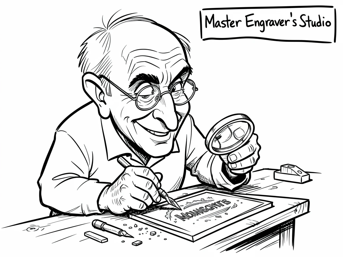 [Occupations & Hobbies] Detailed scene of a seasoned engraver inspecting finished work with pride, showcasing skill and dedication
