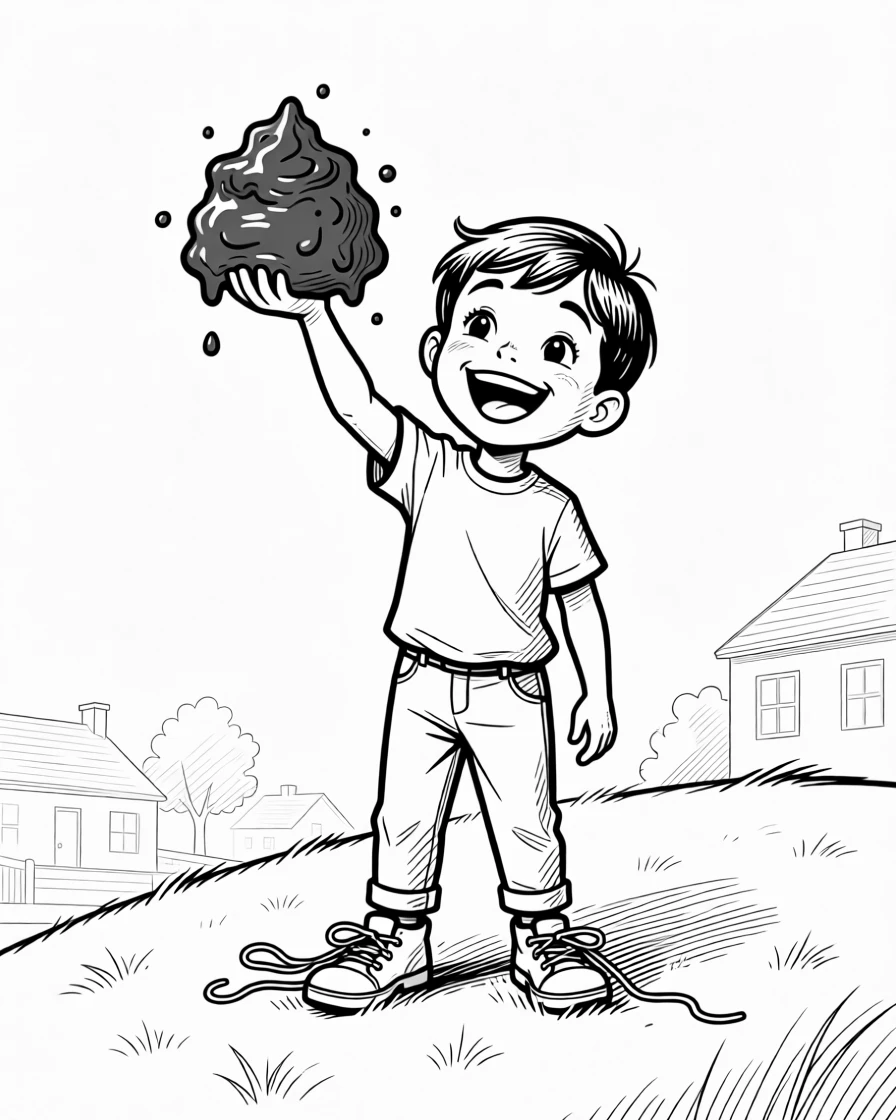 A kid proudly displaying a mud pie masterpiece, holding the muddy creation up like a prized trophy, set on a grassy neighborhood hill. A shoelace trails untied and forgotten. It feels like a cherished memory frozen in time.