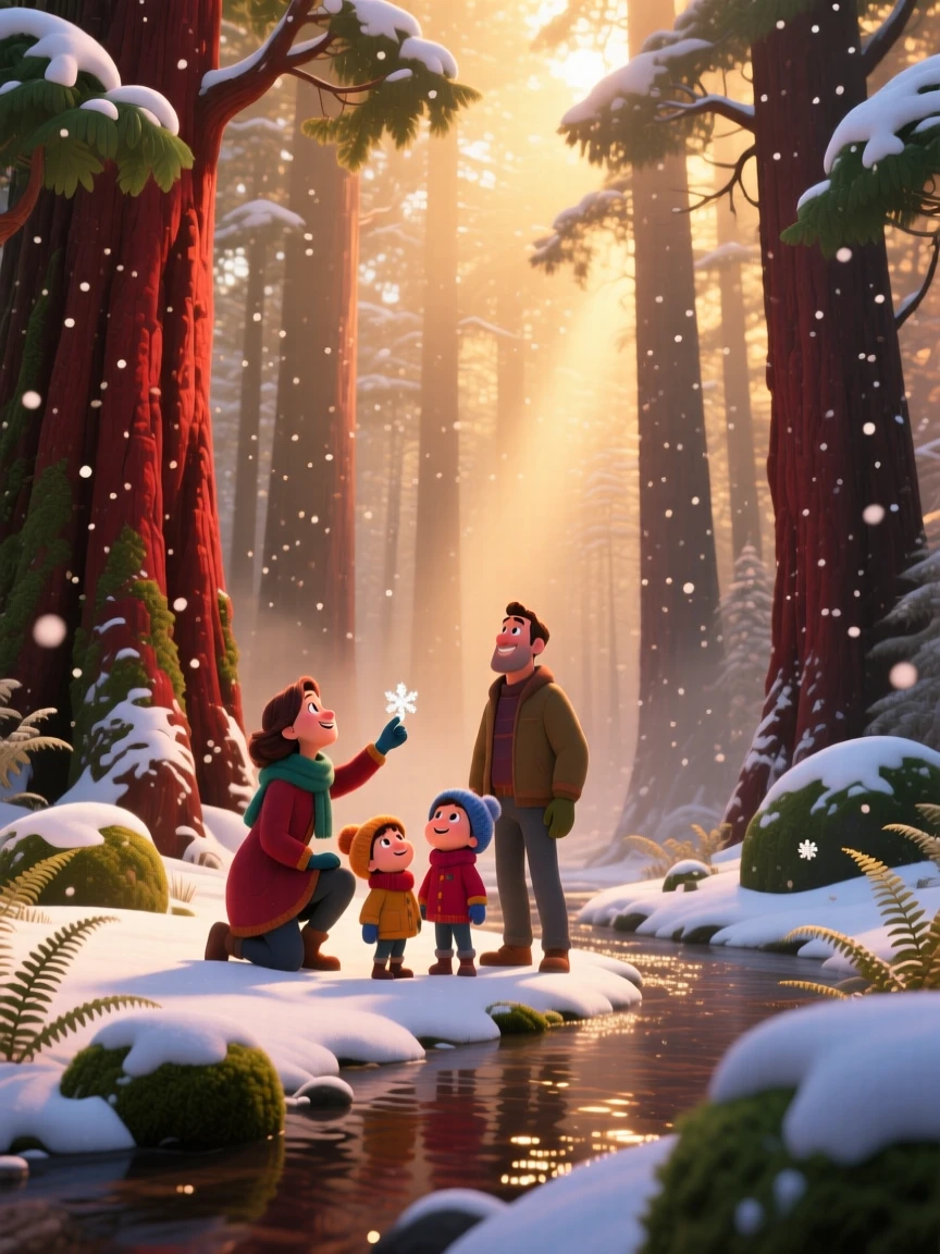 A canopy of giant redwood trees glows while a light snow begins to dust the landscape, with soft shadows stretching long across the ground. The mood is serene, vast, and quietly majestic.