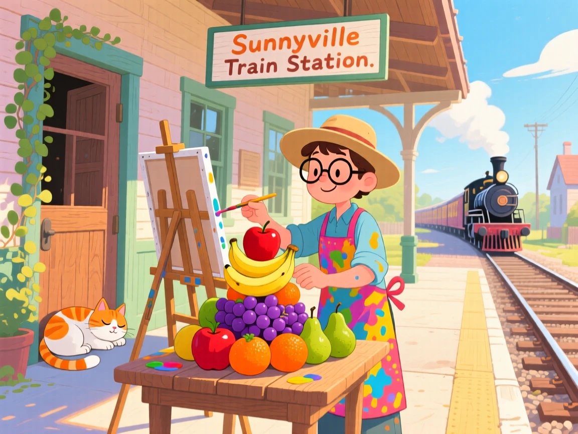 In a small-town train station, a painter working at an easel is busy arranging fruit into a colorful pyramid, while a cat naps in a sunny doorway.
