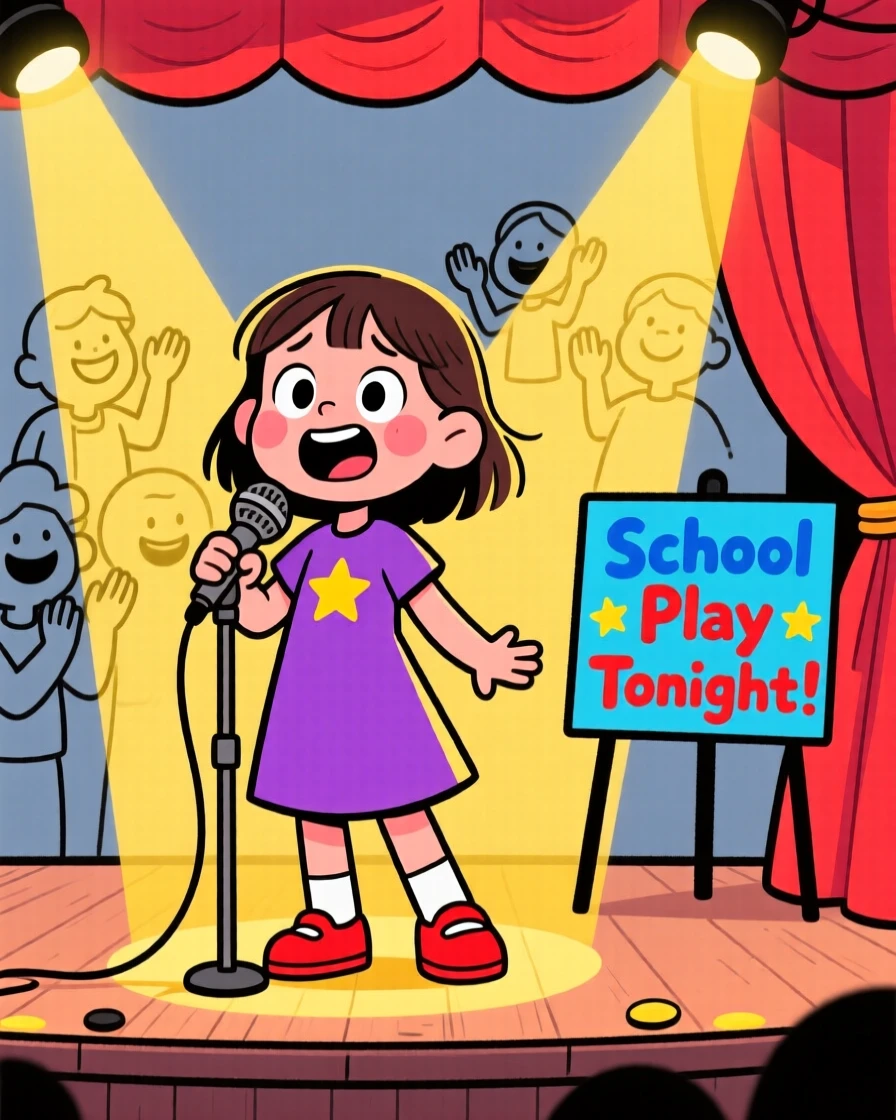 A child overcoming stage fright to finish a school play performance.