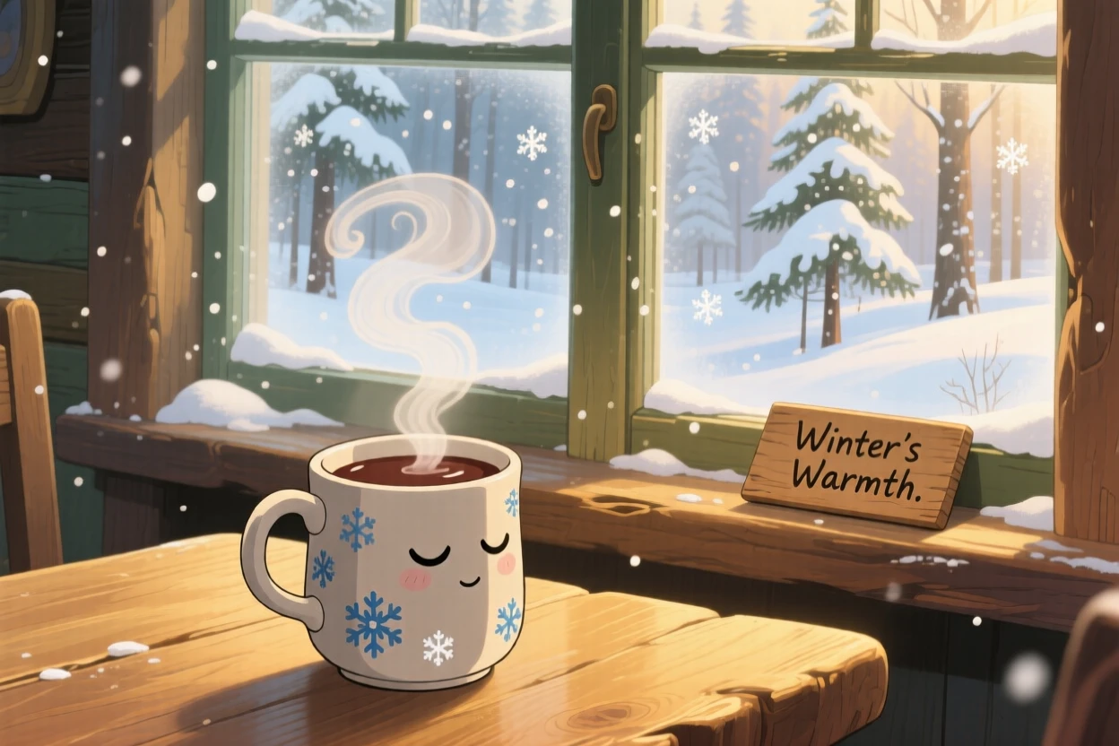 A warm, inviting scene of a hot chocolate mug steaming beside a snowy window, as steam curls gently into the air.