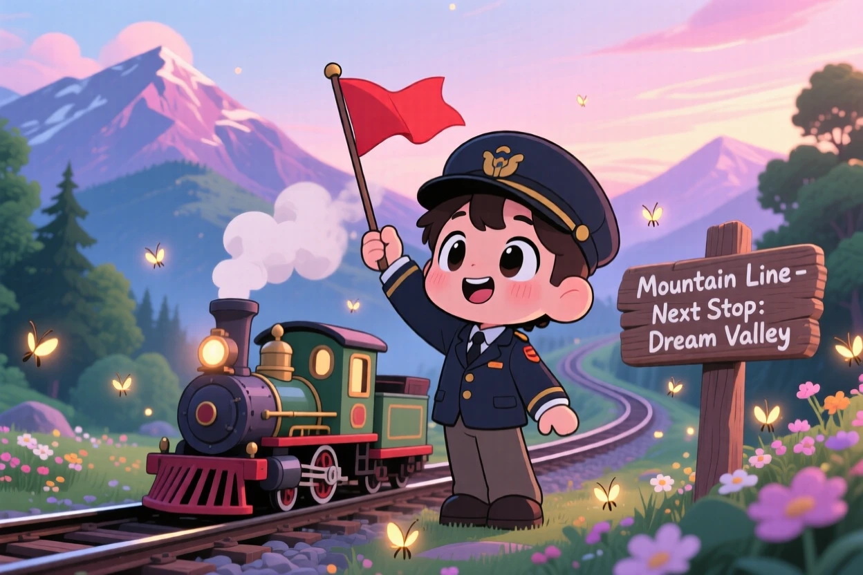 Low-angle shot looking up of a young conductor, waving a flag beside a tiny steam train, in a scenic mountain railway, as fireflies begin to glow at dusk, illuminated by soft pastel light of dawn, radiating wide-eyed wonder.