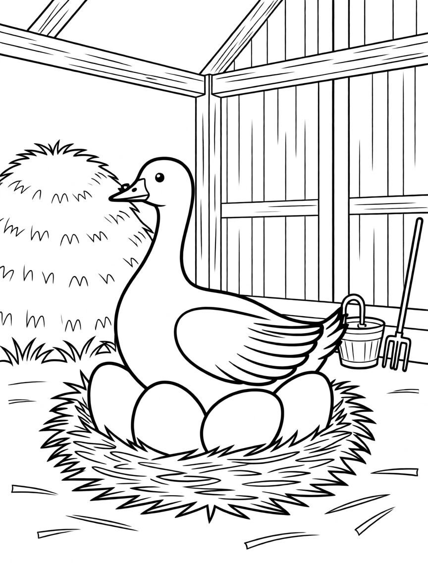 A golden goose laying eggs in a farmer's barn
