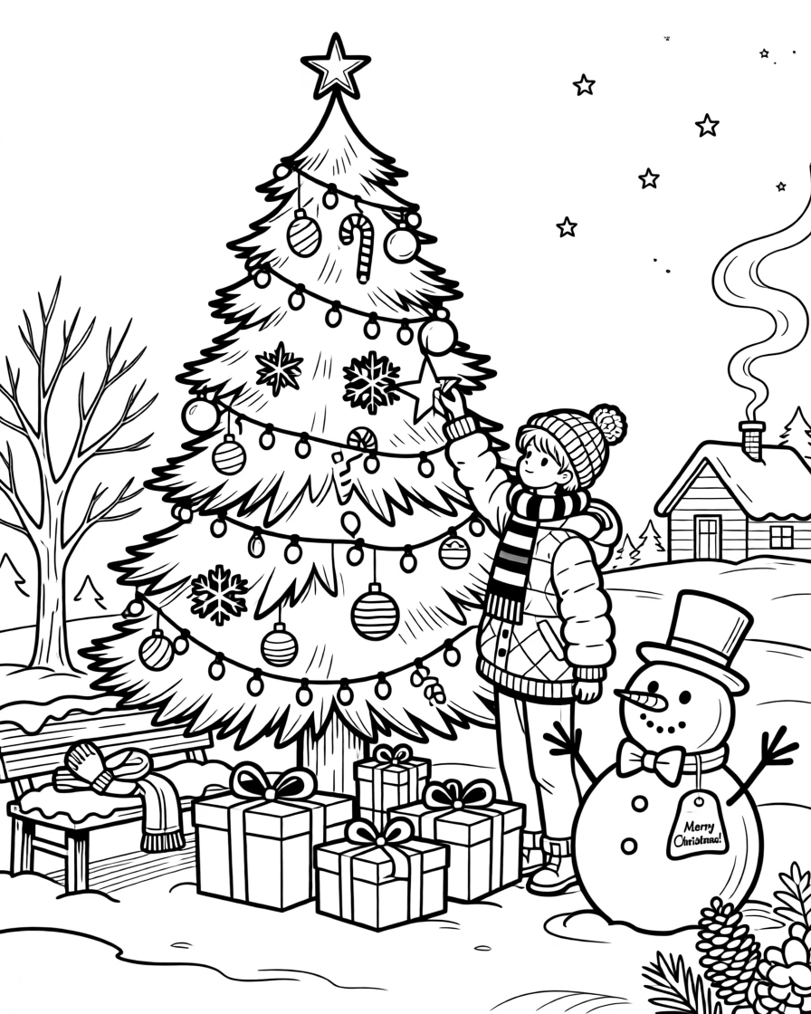 A Christmas tree decorated with ornaments and twinkling lights, with smoke gently curling into the night sky.