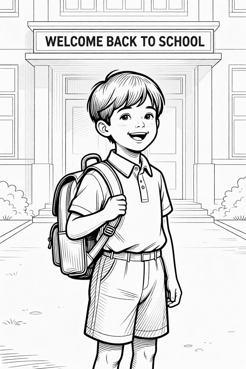 A back-to-school scene with a child holding a backpack