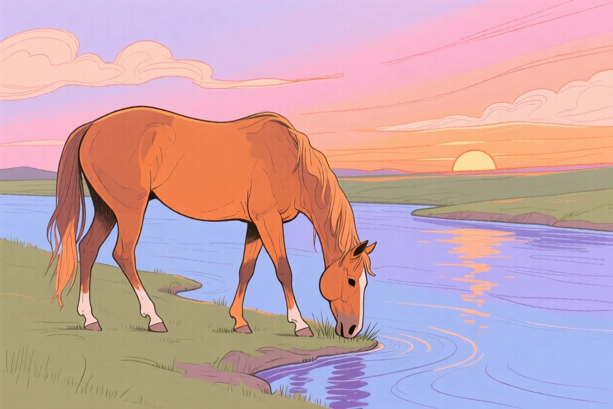 A grazing horse wandering along a quiet riverbank at sunset.
