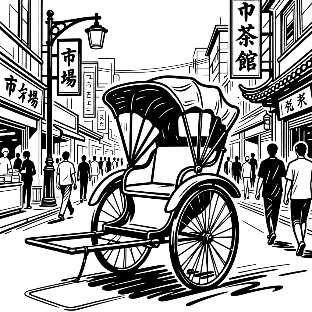 A vintage rickshaw navigating a bustling Asian city street.