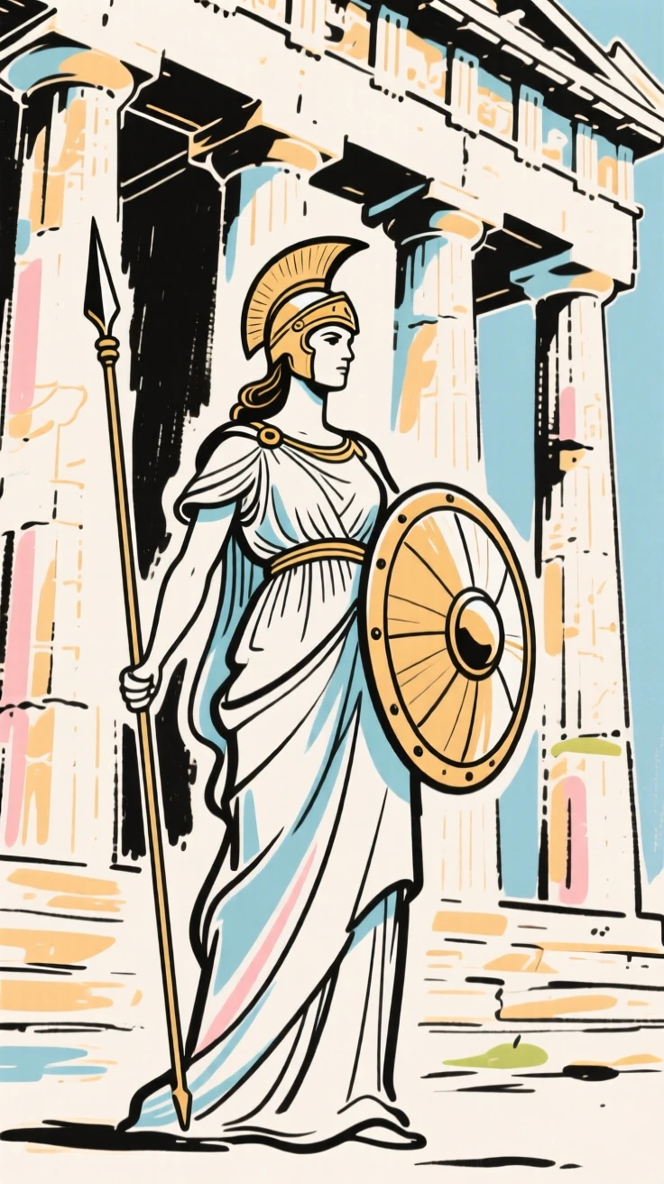 Athena standing wisely before the columns of an ancient Greek temple.