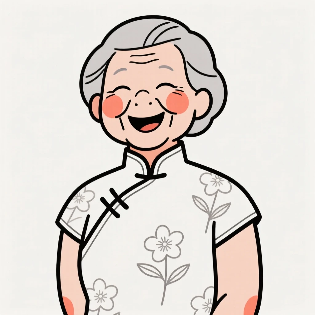 A proud grandmother wearing a Chinese qipao, laughing with eyes closed.