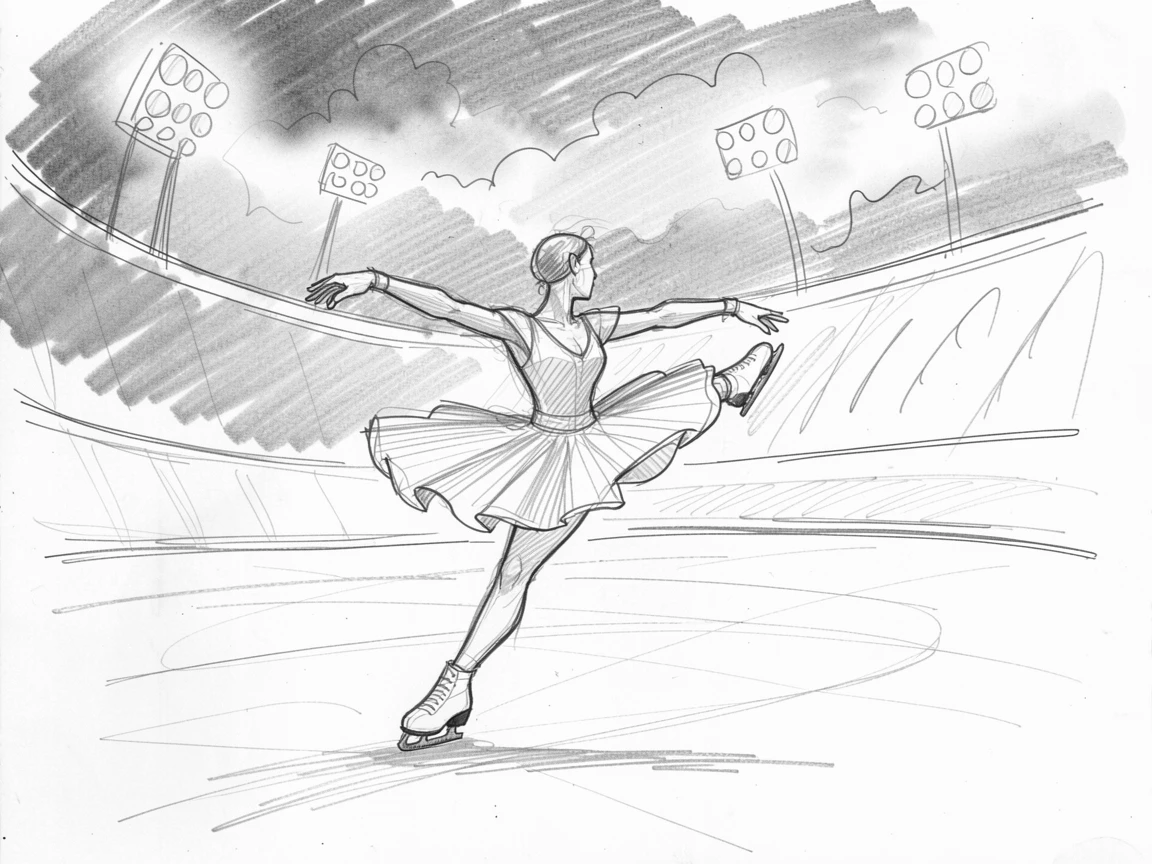 A dynamic action shot of a figure skater spinning gracefully on ice under bright stadium lights, with dramatic clouds rolling in overhead.