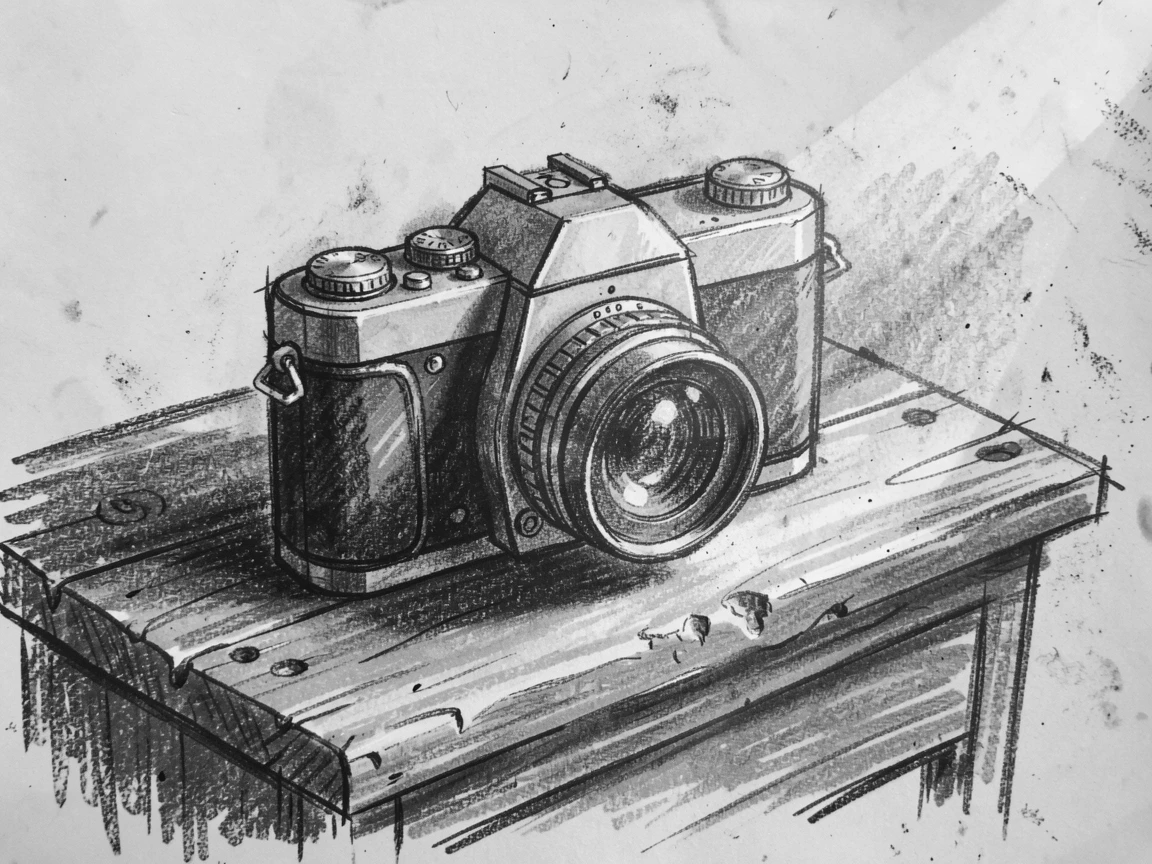A vintage camera resting on an old wooden desk, in the warm glow of early morning light.