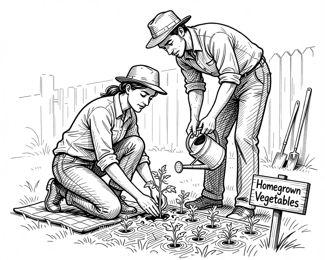 A couple planting a small vegetable garden together in their backyard.