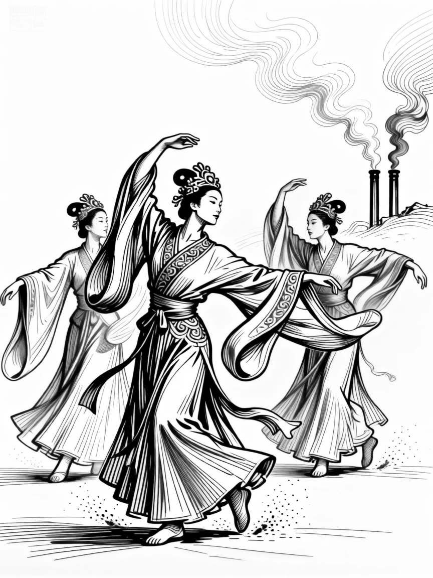 A traditional dance performed in colorful costume as smoke rises gently from nearby chimneys, with dust rising softly from the ground, portrayed in a peacefully ceremonial historical scene.