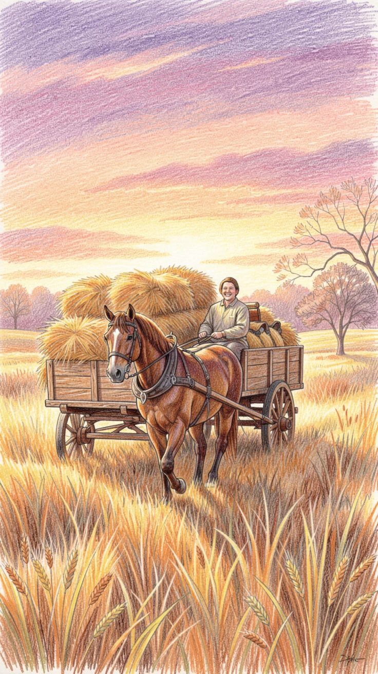 A countryside hayride through golden fields at sunset, with a gentle play of light and shadow across the composition, perfect for anyone drawn to gentle, heartfelt imagery.
