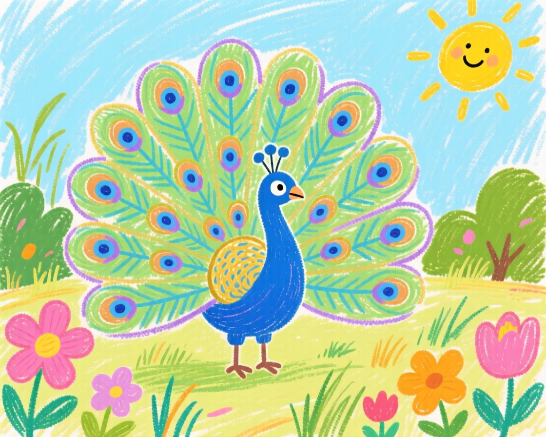 A peacock displaying its iridescent tail feathers in a garden.