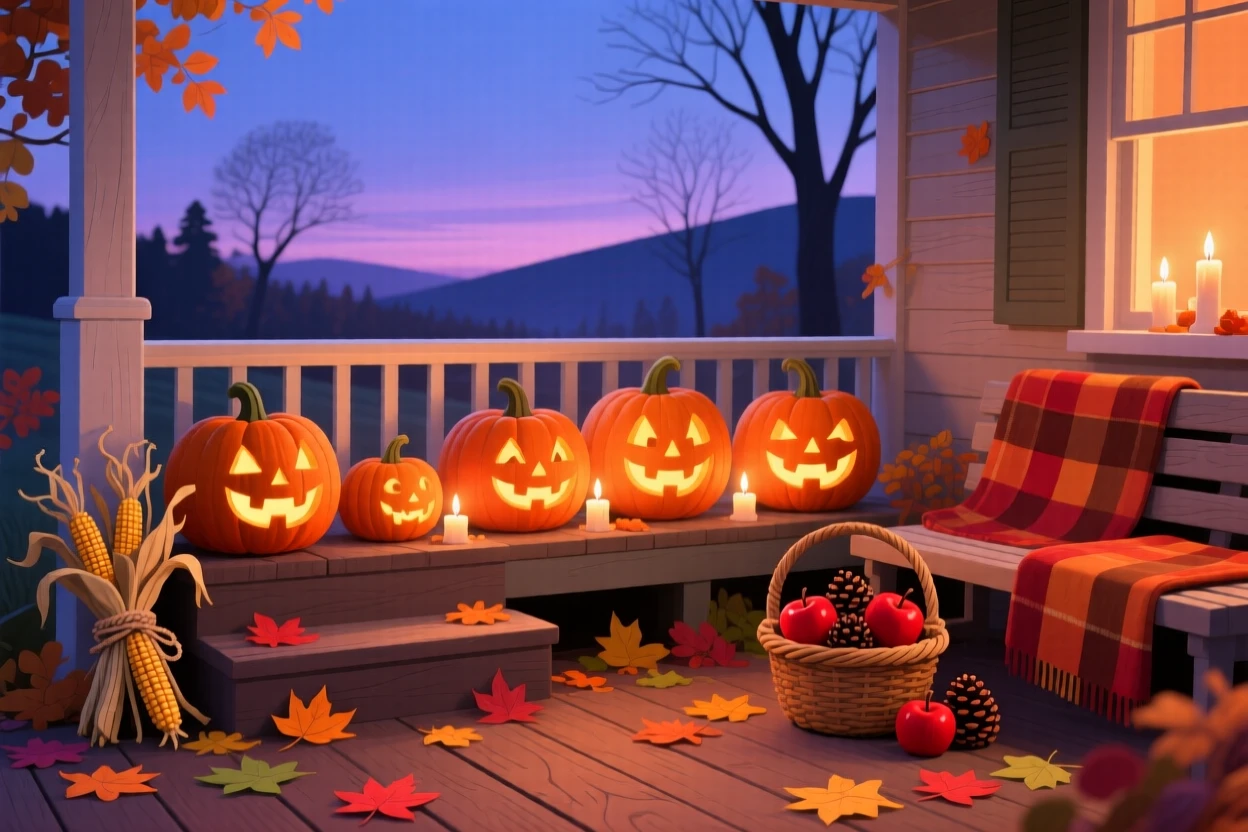 A row of jack-o-lanterns glowing on a porch in autumn dusk, set within a cozy, seasonally decorated space, arranged with a nostalgic, seasonal storybook quality, with a fresh, crisp atmosphere throughout.