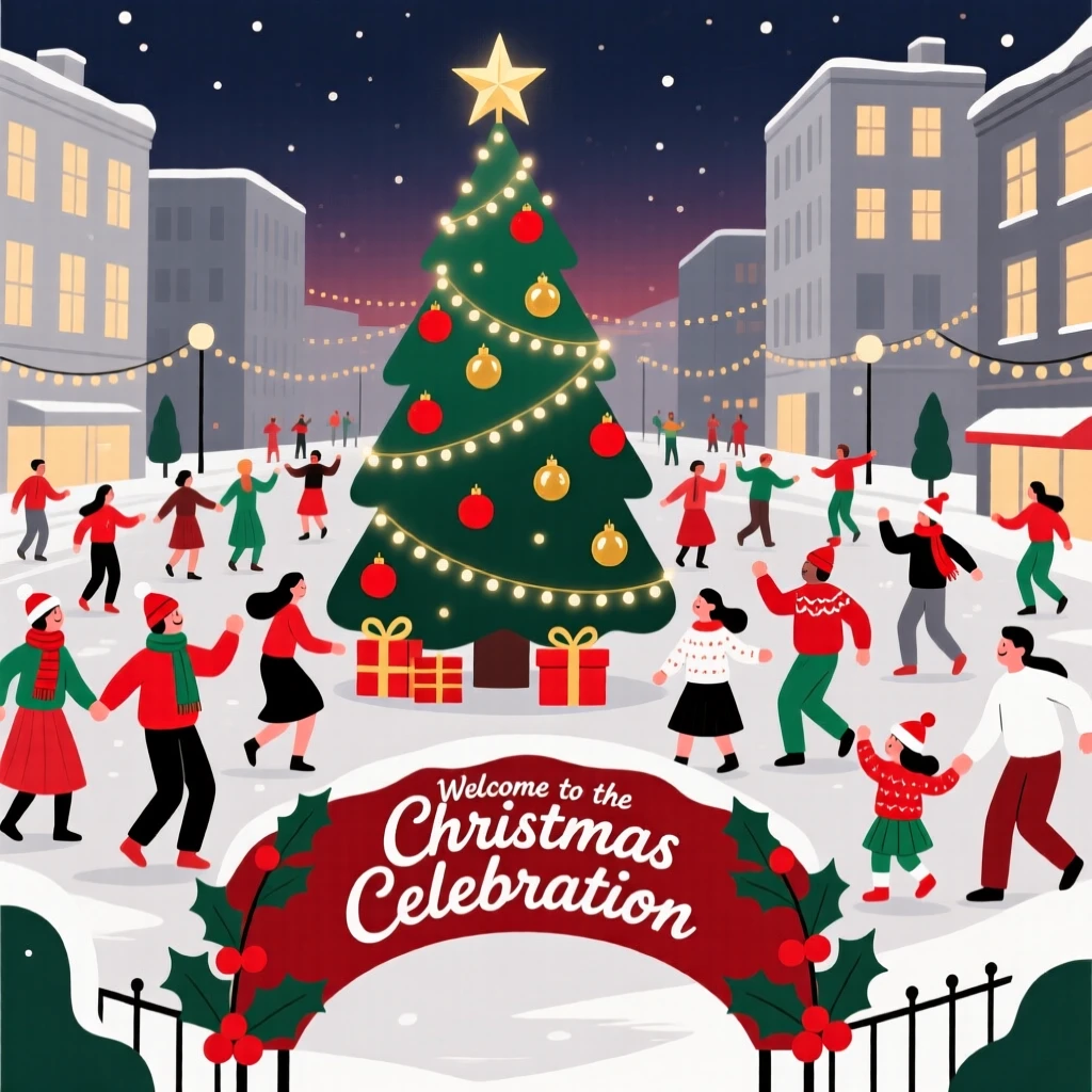 A Christmas celebration with dancing crowds filling a city plaza.