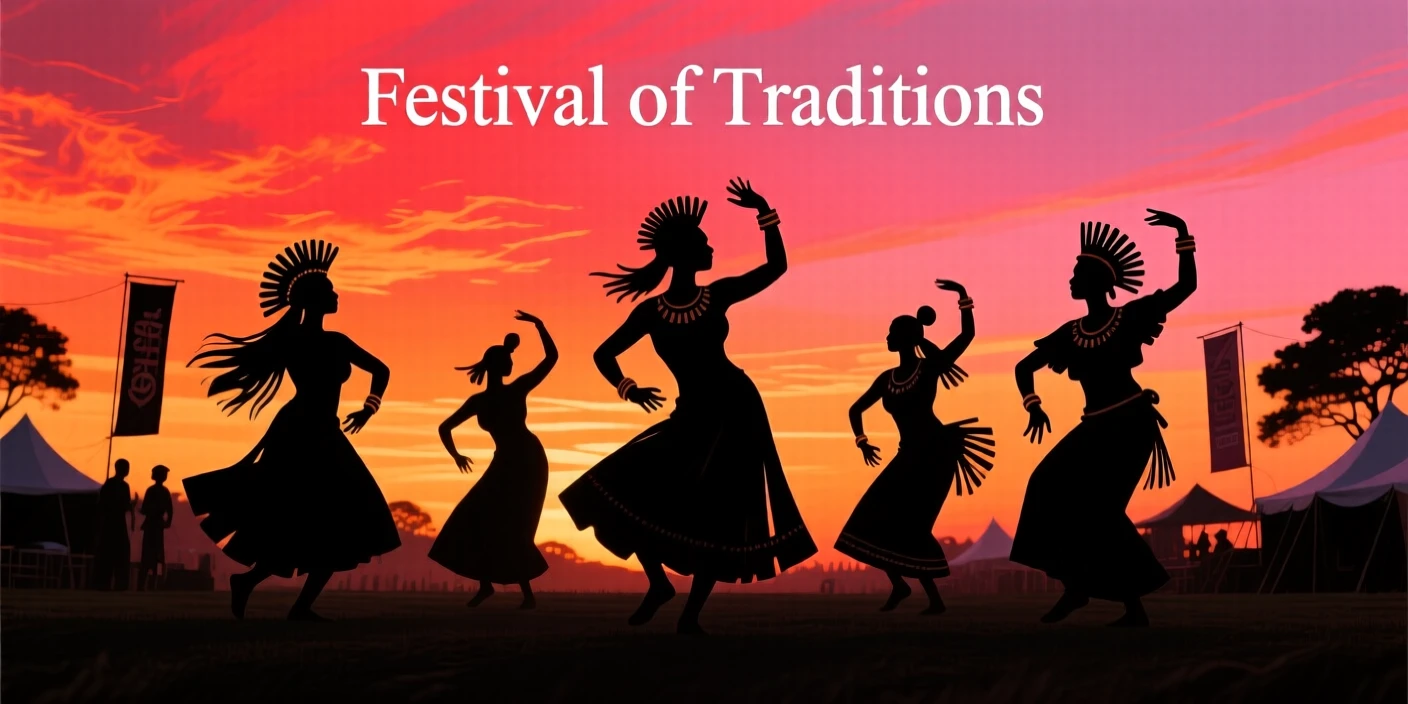 A group of dancers in traditional dress performing at an outdoor festival.