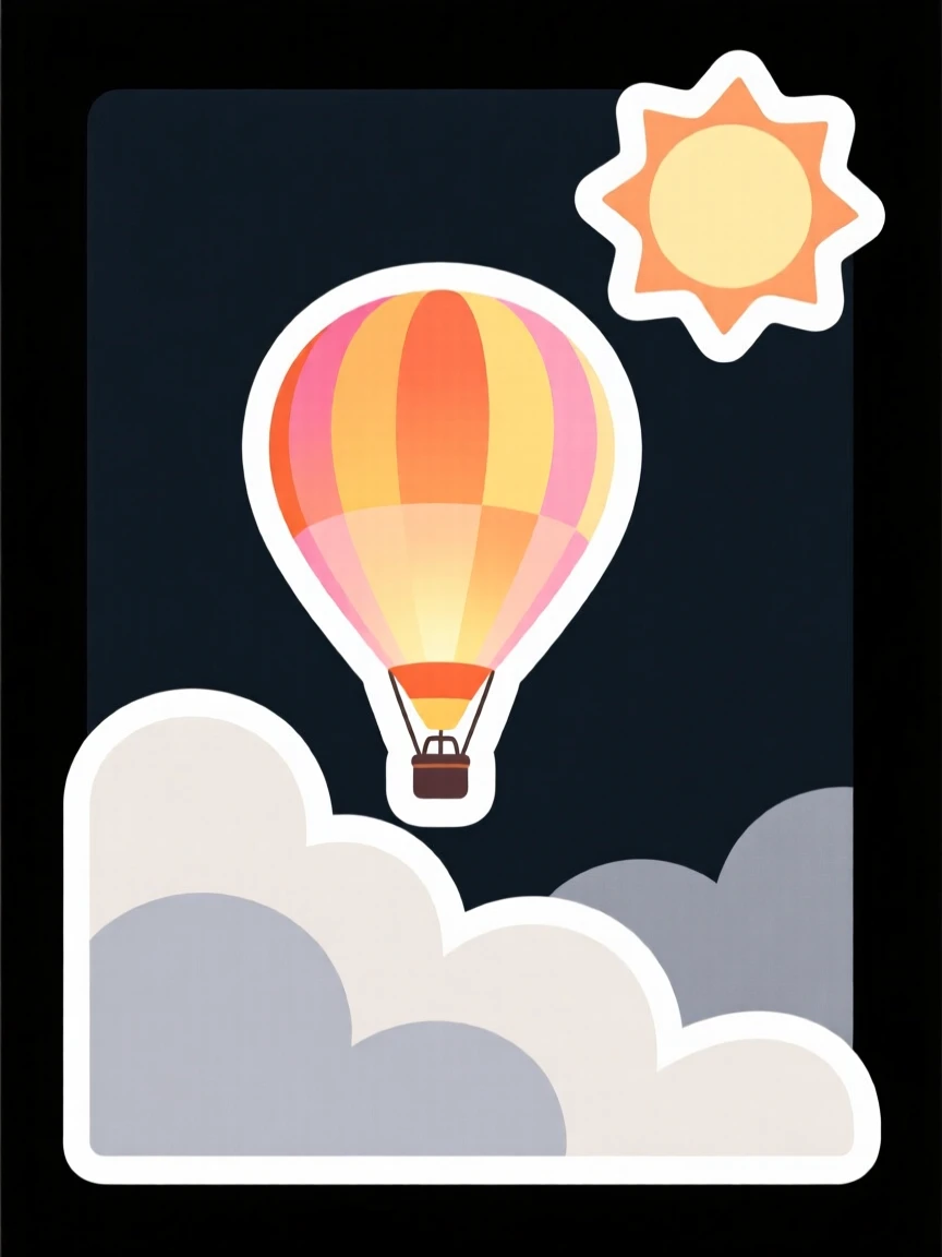 A warmly encouraging scene of a hot air balloon rising above the clouds toward the sun, glowing softly against a dark background, symbolizing quiet strength and resilience.