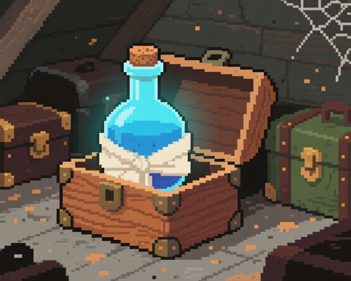 A potion bottle glowing faintly blue wrapped in a cloth inside a wooden box, within a dusty attic full of old trunks.