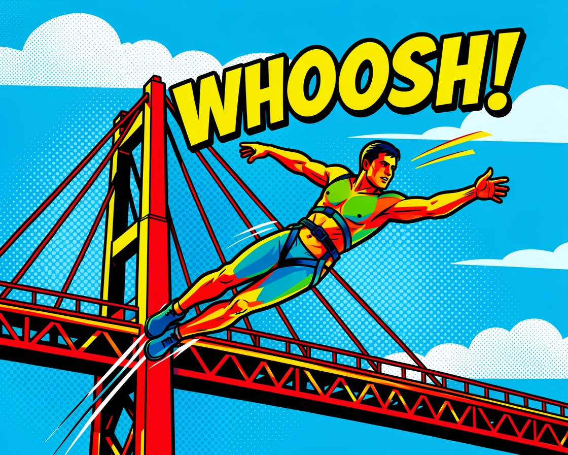 A bungee jumper leaping from a towering bridge