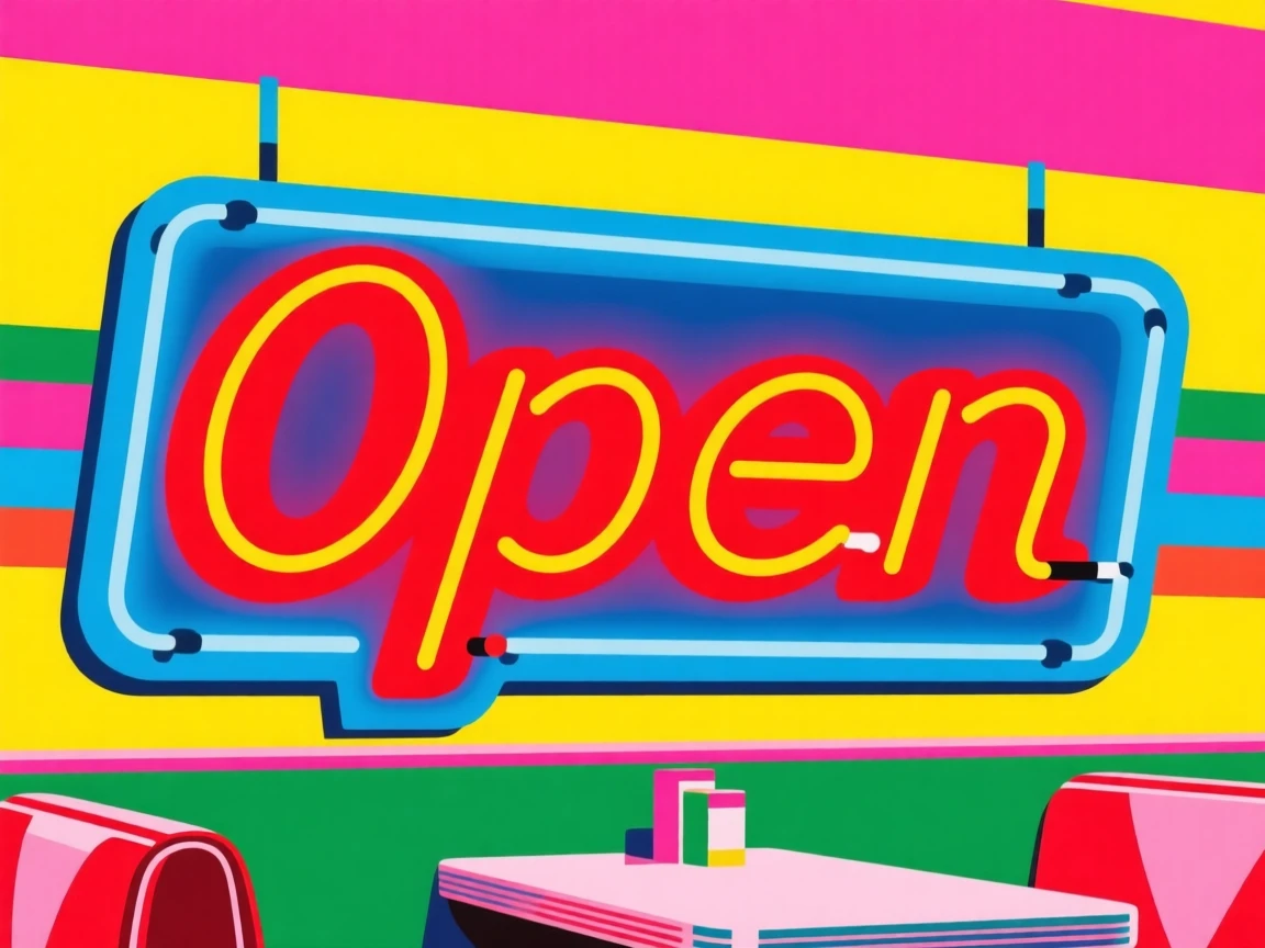 Vintage neon sign reading Open at a diner