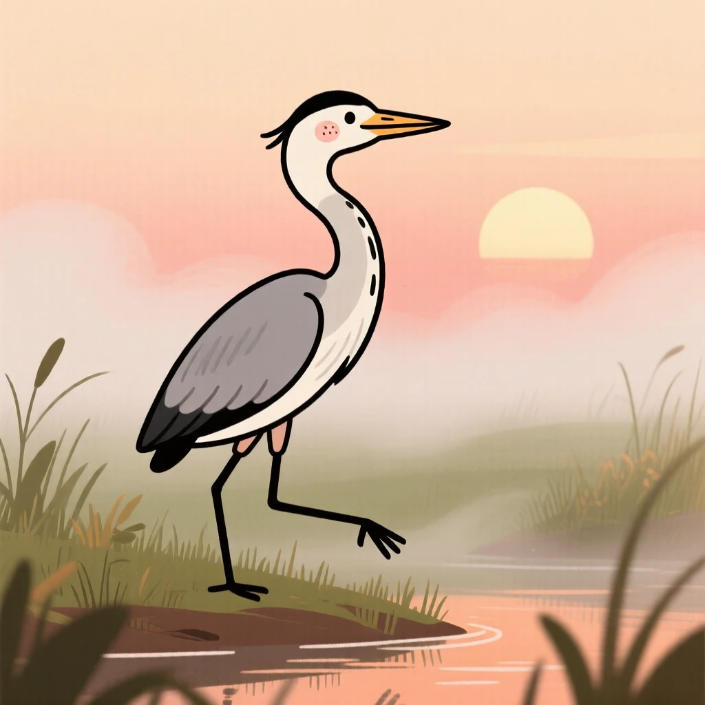 A heron stands at the edge of a misty meadow, pausing mid-step as the rising sun paints the sky in warm colors.