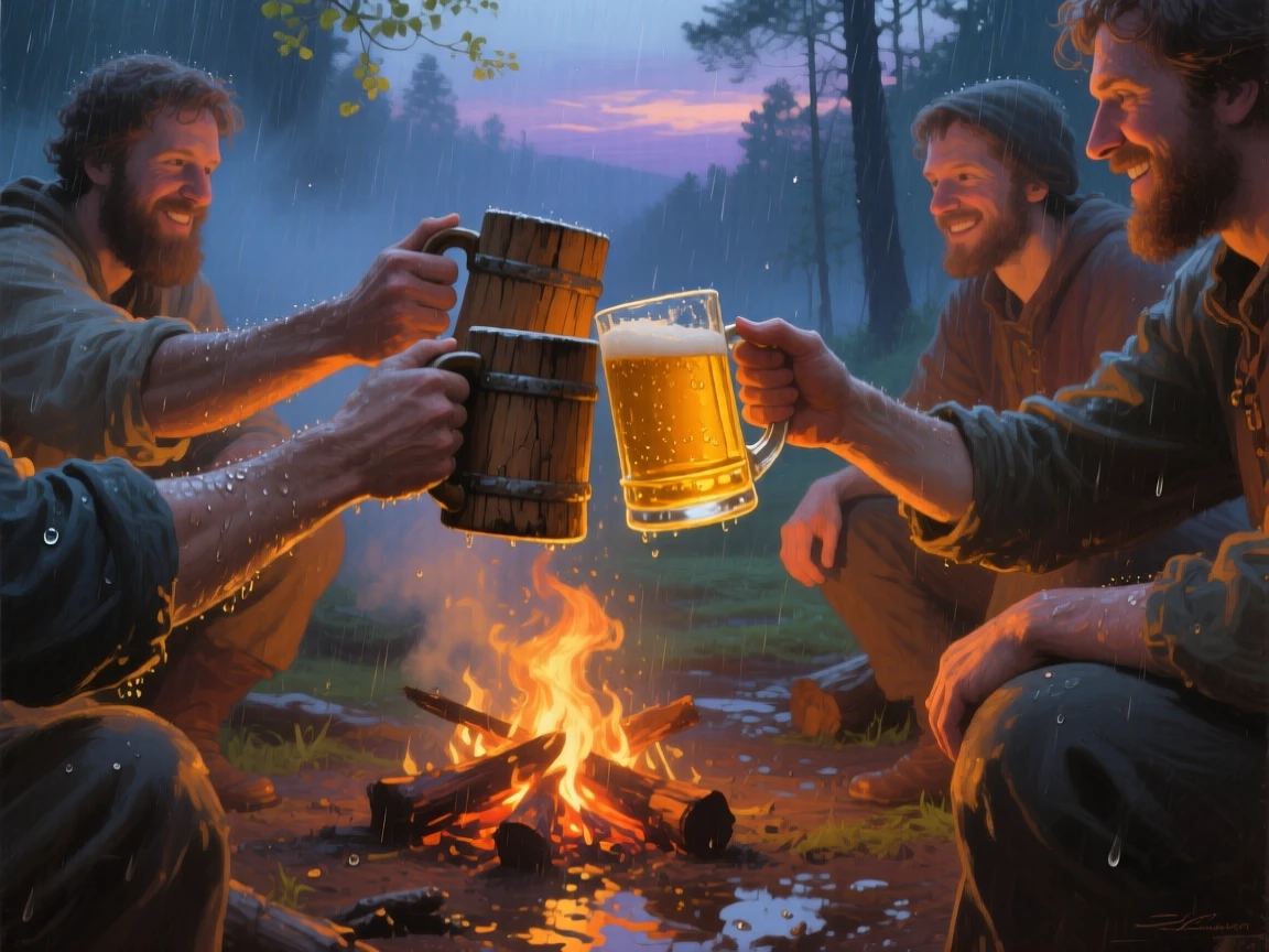 A detailed close shot of friends toasting with mugs of cider around a crackling campfire, during a gentle spring shower, at dusk.