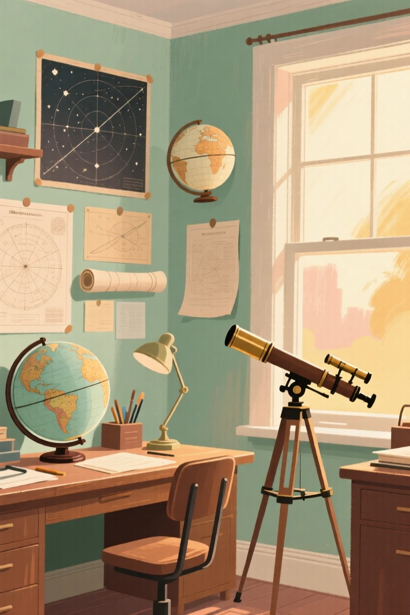 An astronomer's study filled with globes, charts, and telescopes