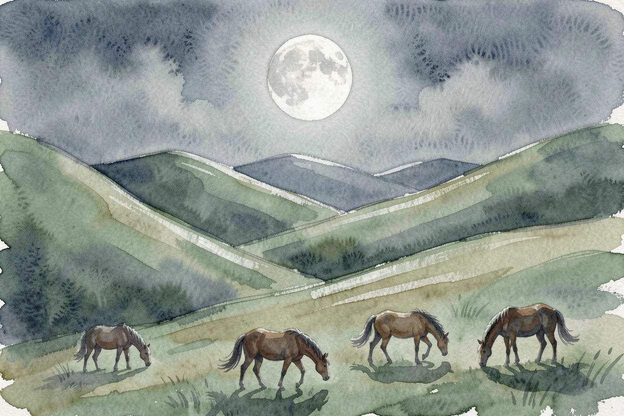 Rolling green hills under a full moon with wild horses grazing nearby.