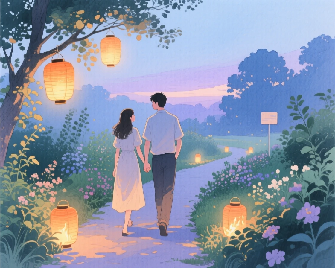 A tender moment of a stroll through a lantern-lit garden.