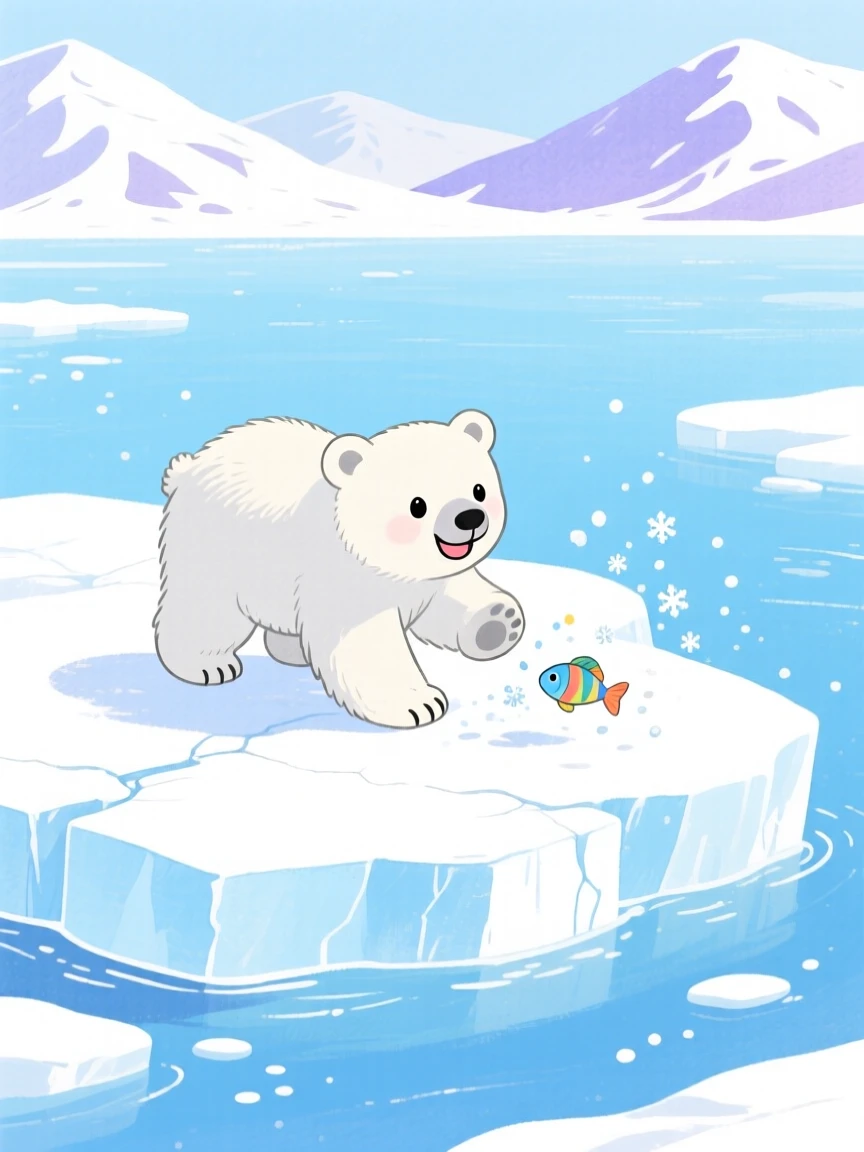 A vivid scene of a polar bear cub playing on an ice floe.