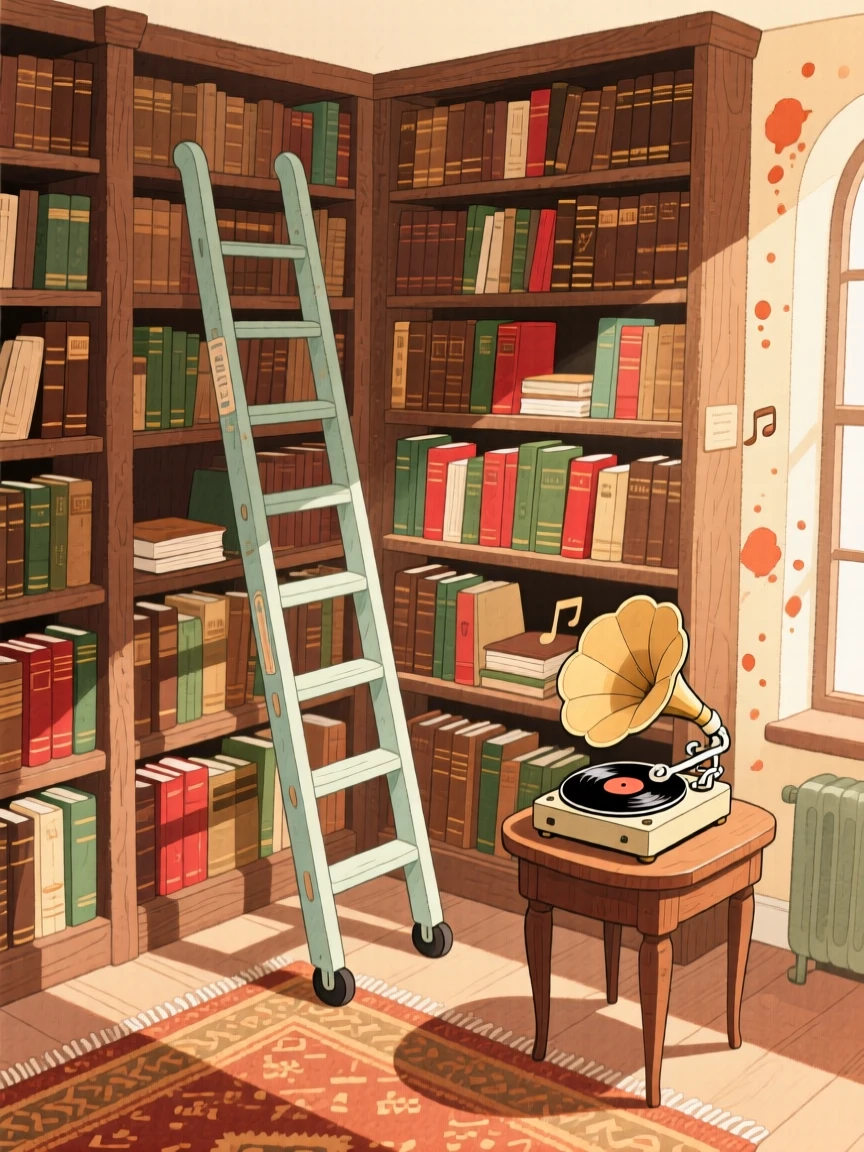 A cozy library corner with a rolling ladder and shelves stacked with old books, with the quiet hum of a record player in the background, evoking a gentle, unhurried happiness.