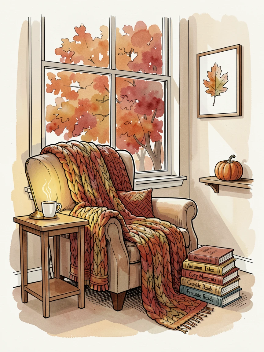 A cozy autumn reading nook with a blanket, tea, and a pile of books, small decorative details adding charm throughout.