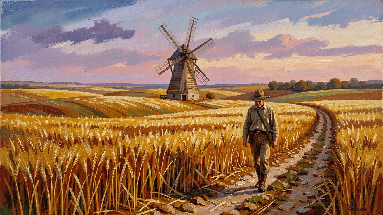 A patchwork of golden wheat fields, with a windmill turning slowly in the distance, a farmer walking along the edge of the field at dusk, in late autumn, after the harvest, stubble fields stretching out.